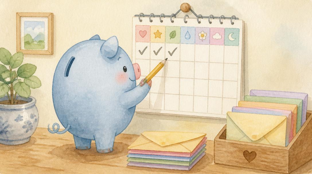 Blauw spaarvarkentje vinkt wekelijkse geldtaken af op een kalender naast een bakje gesorteerde enveloppen