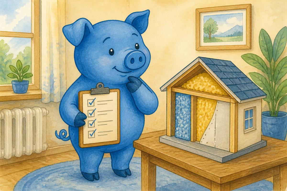 Blauw varkentje stelt de thermostaat in en bekijkt de isolatie van een huis
