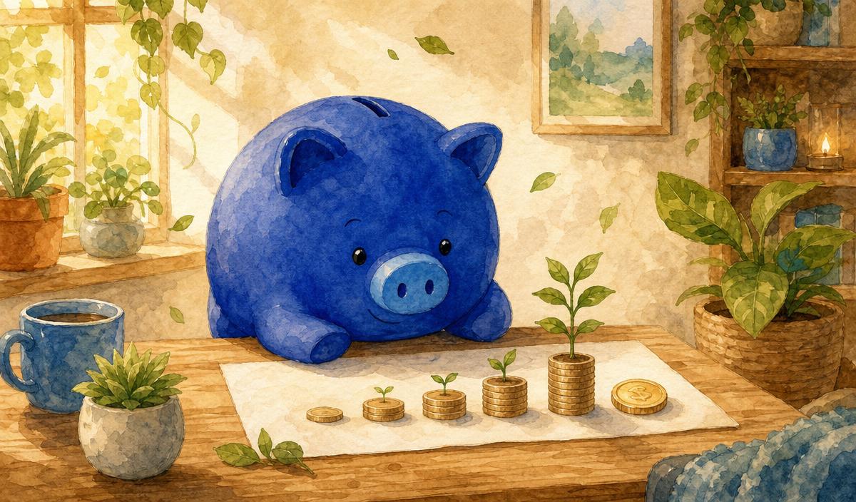 Kobaltblauw spaarvarkentje bekijkt een groeiend spaaroverzicht met muntstapels en plantjes