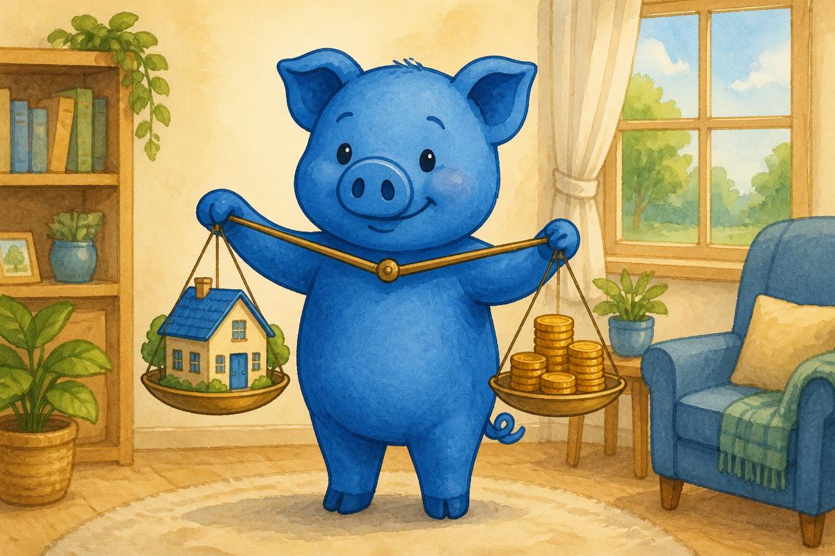 Blauw varkentje weegt een huis en een stapel munten op een weegschaal