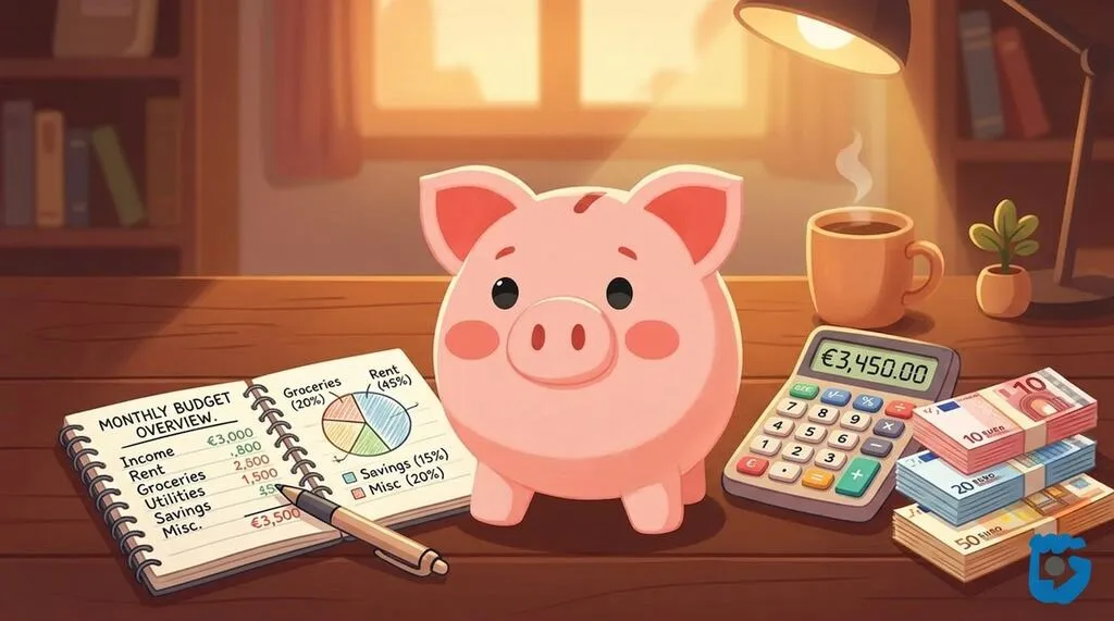 Notitieblok met budgetoverzicht, rekenmachine en eurobiljetten op een keukentafel