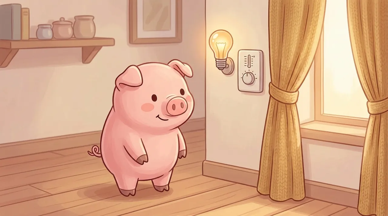 Spaarvarkentje bij een thermostaat en warm gordijn