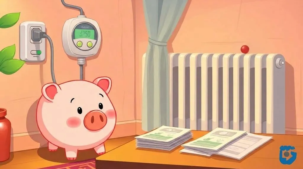 Spaarvarkentje naast een radiator en energiemeter