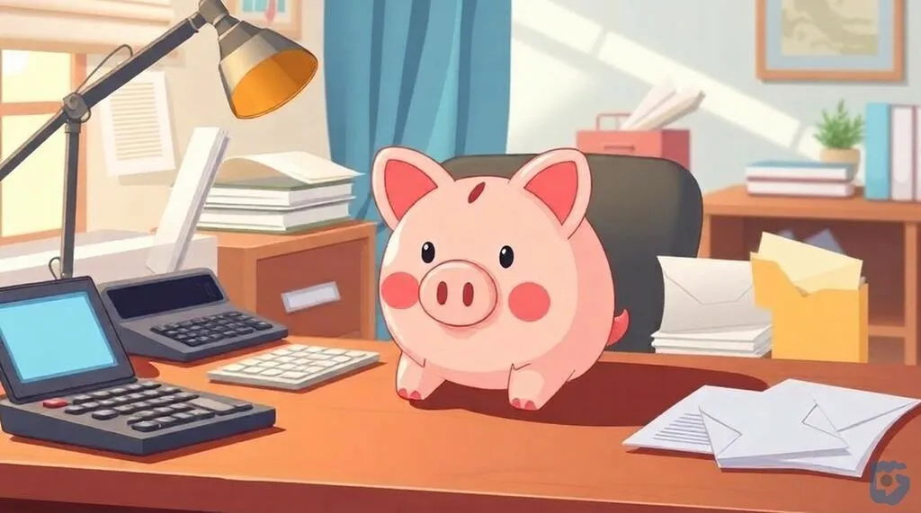 Diep kobaltblauw spaarvarkentje sorteert post en rekeningen in een warme woonkamer