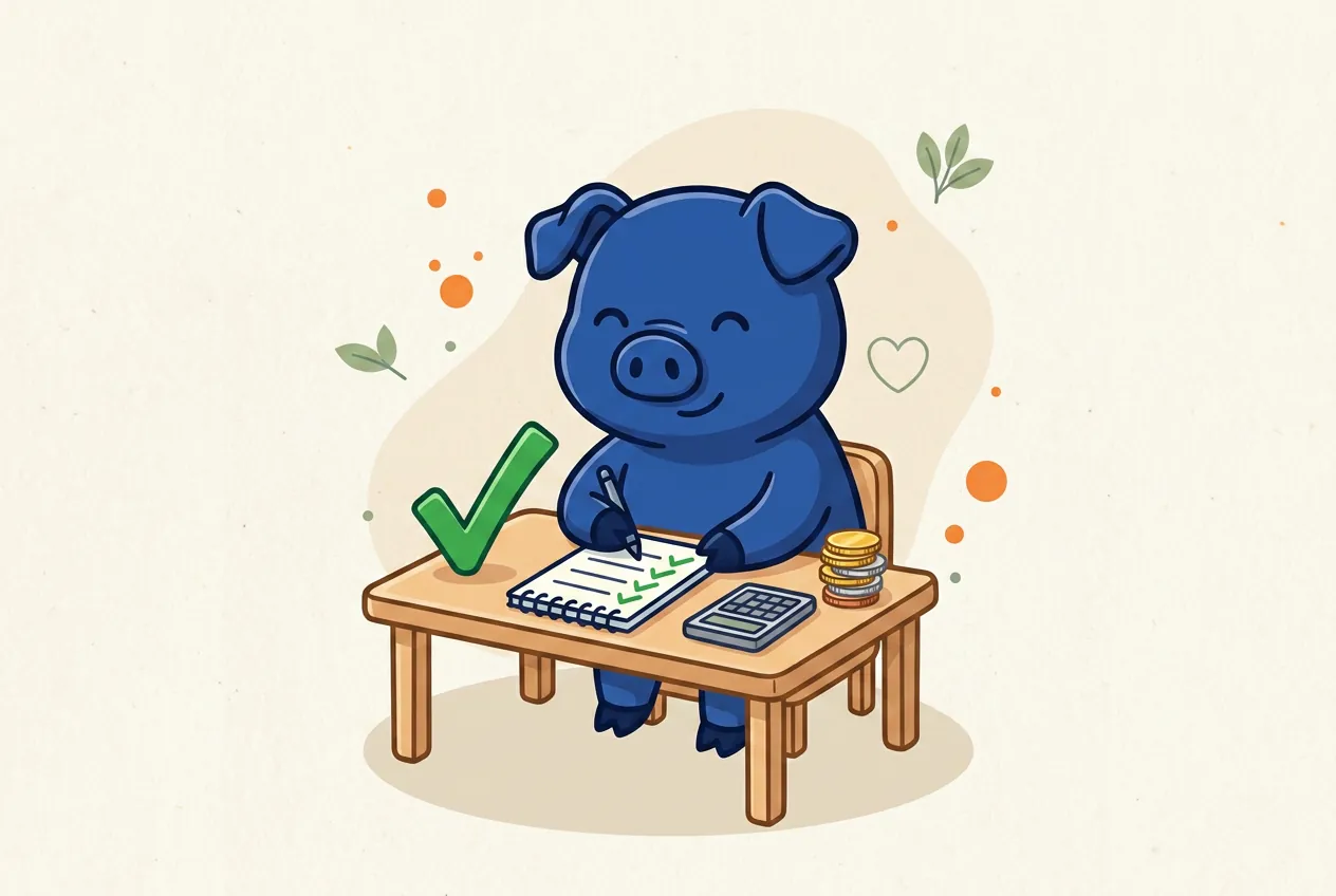 Illustratie van het blauwe spaarvarken-mascotte dat rustig een stappenplan en administratie ordent — beeld van grip krijgen op geldstress