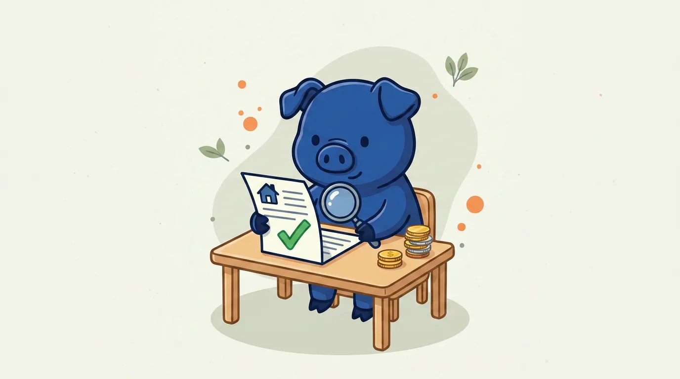Illustratie van het blauwe spaarvarken-mascotte dat een gemeentelijke aanslag controleert met een vergrootglas en bezwaar maakt tegen de WOZ-waarde