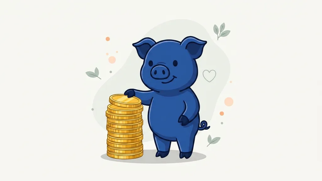 Illustratie van het blauwe spaarvarken-mascotte dat stappen afvinkt op een budgetchecklist terwijl het spaargeld groeit