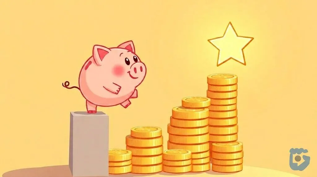Spaarvarkentje op een trap van munten richting een ster