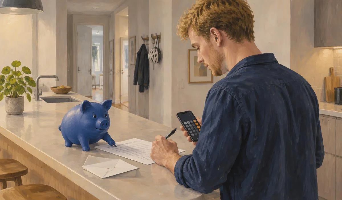 Man controleert samen met het blauwe spaarvarkentje de incassokosten op een brief