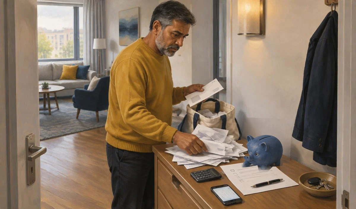 Man ordent meerdere betalingsregelingen in een wandplanner terwijl het blauwe spaarvarkentje naar betaaldata wijst