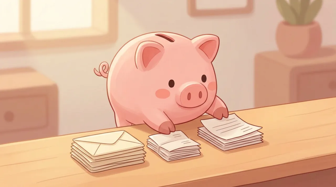 Spaarvarken sorteert nette stapeltjes papier op een bureau, beeld van overzicht krijgen in je administratie