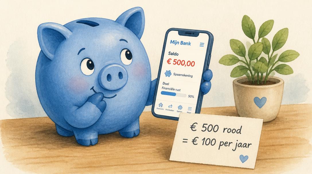 Blauw varkentje houdt een telefoon met een rood banksaldo en een briefje met € 500 rood = € 100 per jaar