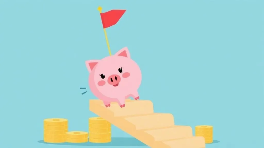 Spaarvarken loopt trap van munten op naar vlag als symbool voor spaardoel halen