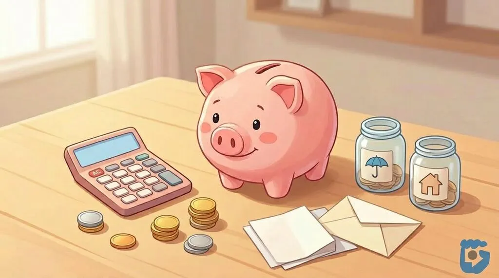 Notitieboek met muntgeld, rekenmachine en spaarpot voor het berekenen van een financiële buffer